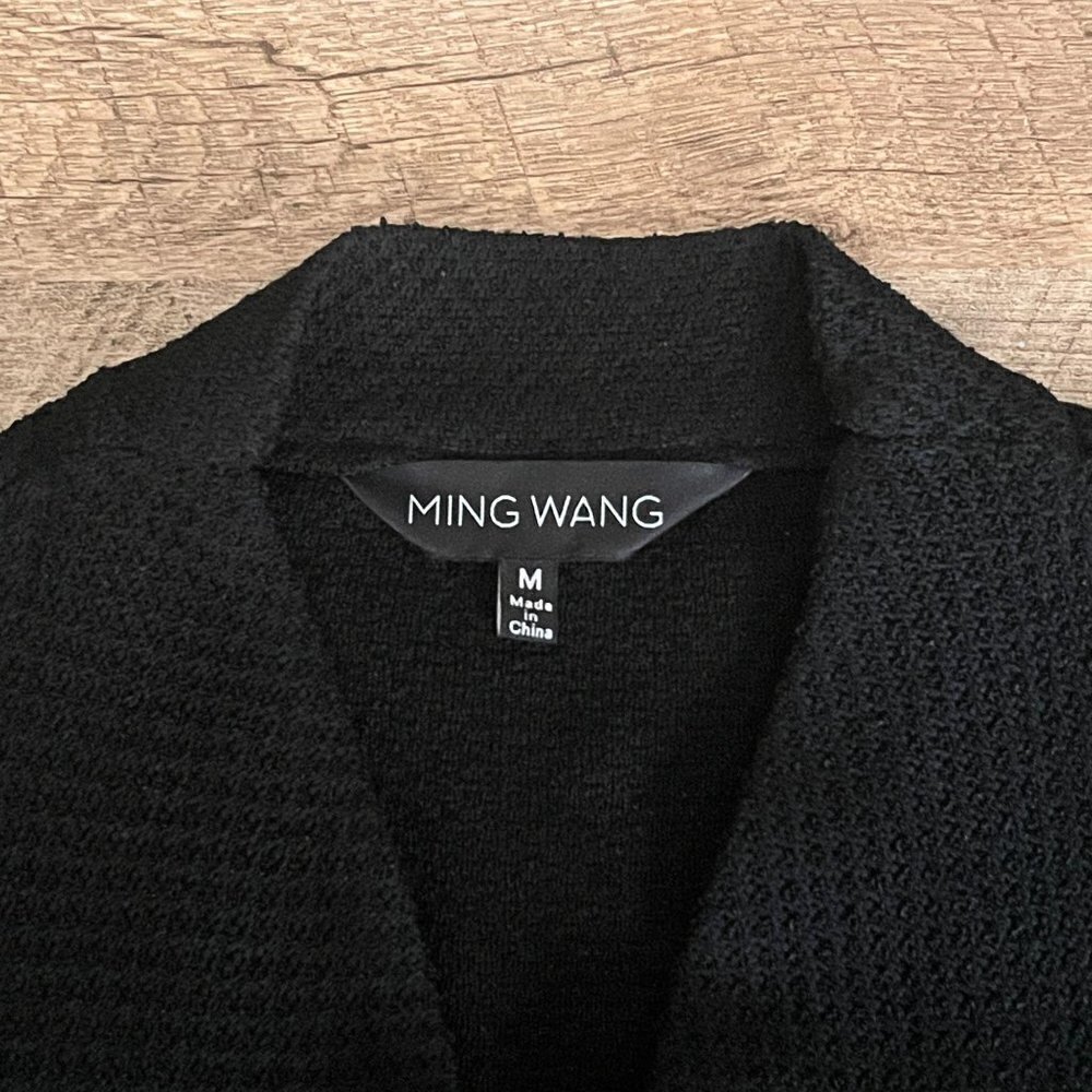 Ming Wang Textured Knit Ruffle Trim Open Front Blazer Jacket Black M Career Chic - Picture 7 of 9